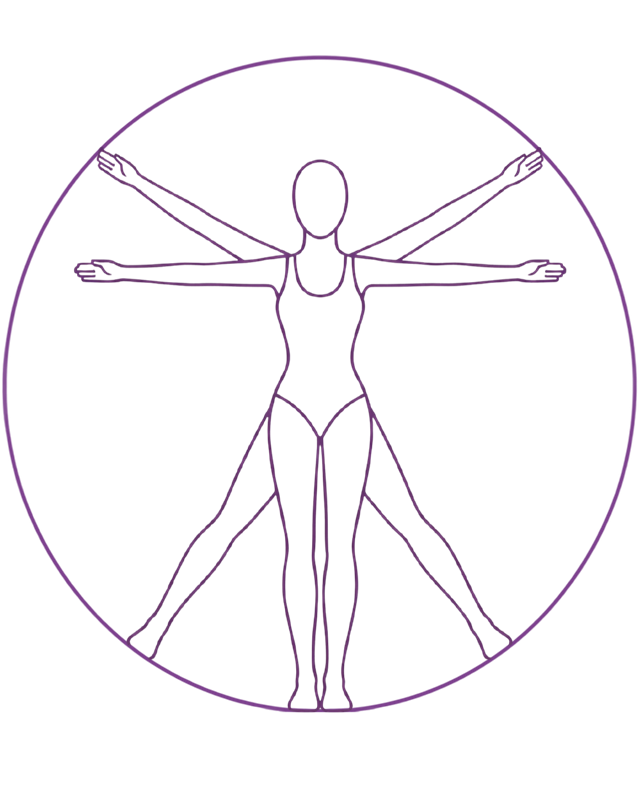 Line drawing of a figure with arms and legs extended inside a circle, Vitruvian style