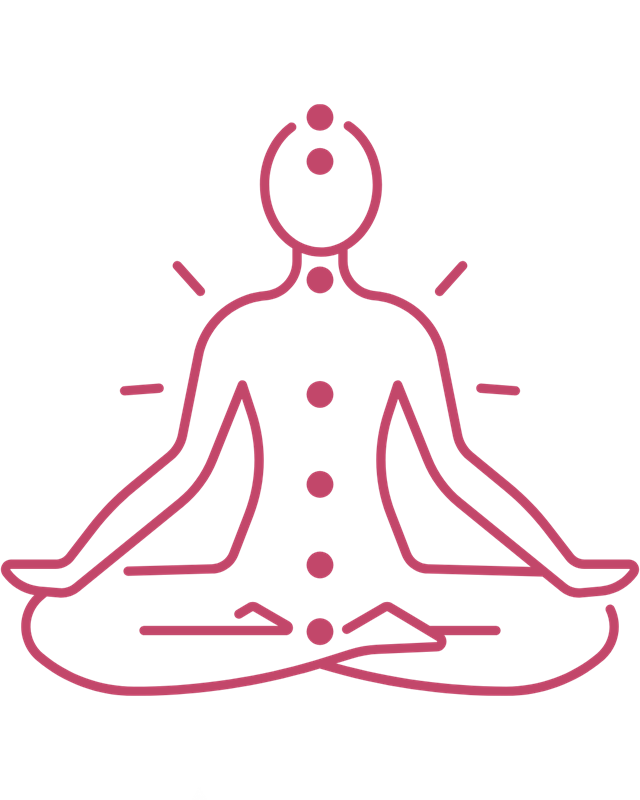 Line drawing of a figure meditating cross-legged with chakra points glowing along the spine